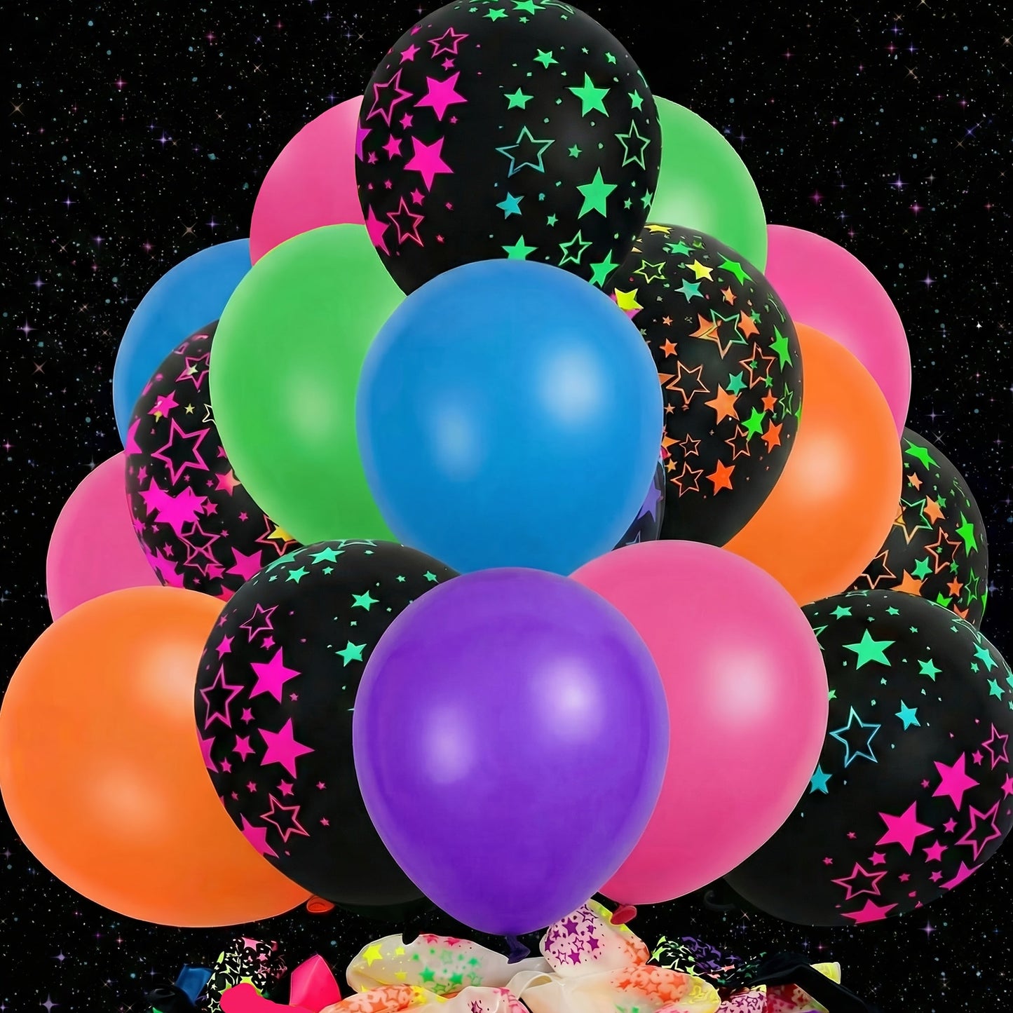 UV Neon Balloon Party Supplies Set with 42 12-Inch Star-Print Balloons for Blacklight Decor
