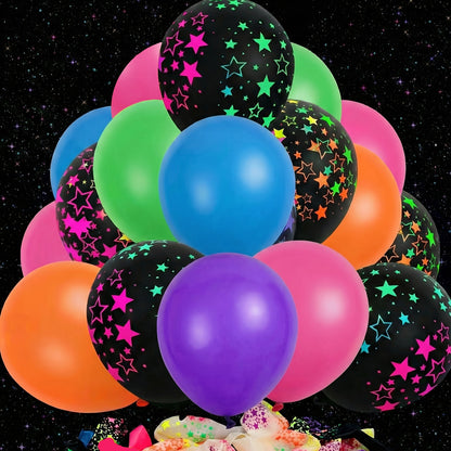 UV Neon Balloon Party Supplies Set with 42 12-Inch Star-Print Balloons for Blacklight Decor