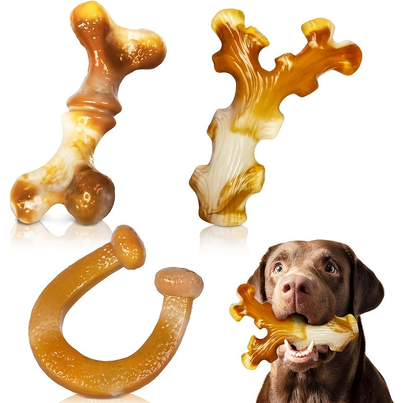 Three-Piece Dog Chew Toy Set with Branch, Bone and Ring Shapes in Milk Tea Brown for Supervised Play