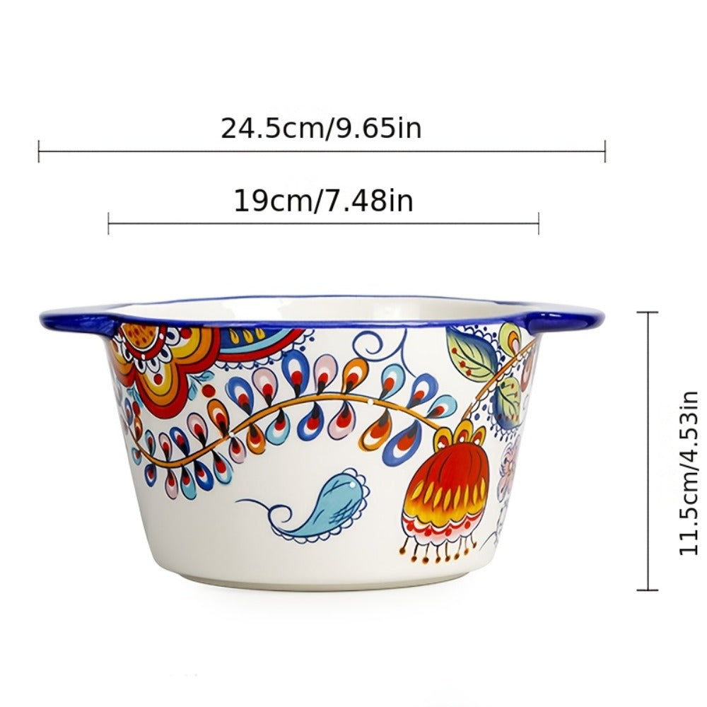 Giant Ceramic Extra-Deep Serving Bowl With Handles, 101oz, Bohemian Hand-Painted, Chip-Resistant