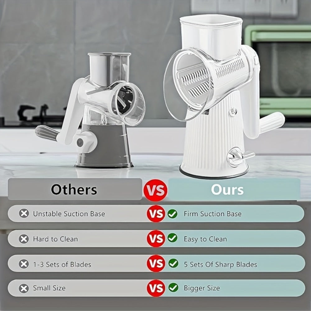 Rotary Cheese Grater with Interchangeable Blades, 5-in-1 Manual Vegetable Slicer Shredder Set, Suction Cup Base