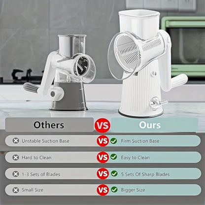 Rotary Cheese Grater with Interchangeable Blades, 5-in-1 Manual Vegetable Slicer Shredder Set, Suction Cup Base