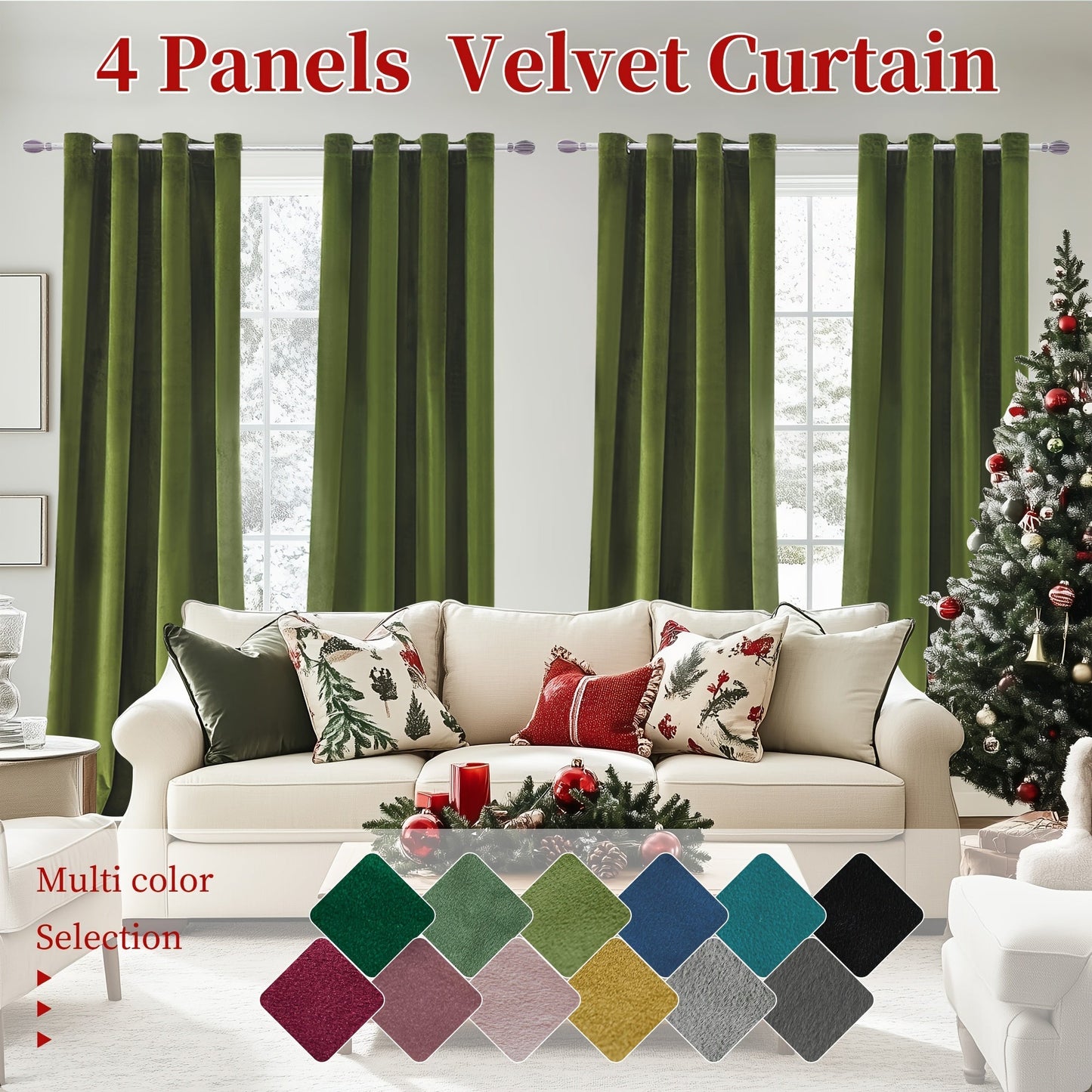 Four-Panel Velvet Blackout Curtain Set with 12 Colors, 10 Sizes and 1.6-Inch Grommet Openings