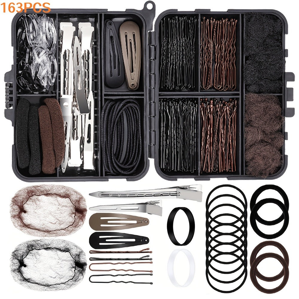 Hair Accessories 163-Piece Styling Set with Hair Ties, Nets, Bobby Pins and Snap Clips in Case