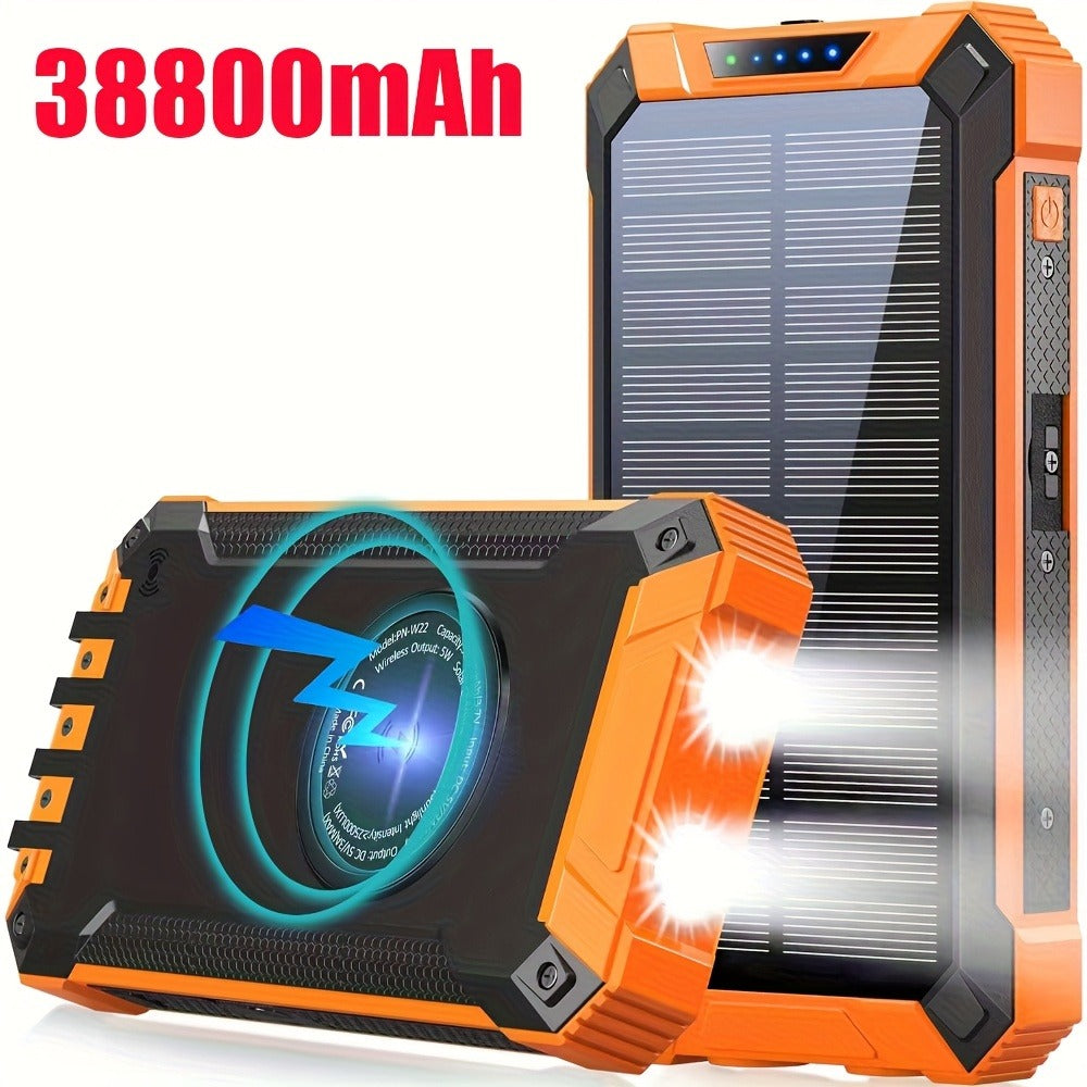 Solar Power Bank, 32800mAh or 38800mAh Wireless Charger with Up to Six Outputs, Dual Lights and Cable Options