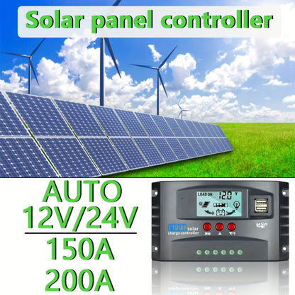 MPPT Solar Charge Controller 12V 24V – 150A/200A Auto-Tracking Solar Panel Regulator with LCD Display, Dual USB Port