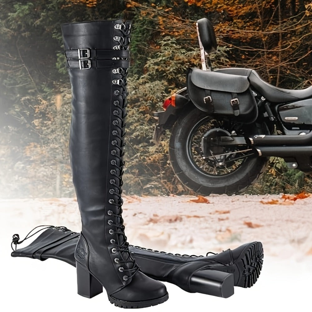 Women's Over-the-Knee Biker Boots, Faux Leather Thigh High Lace-Up Knee High Boots with Chunky Heel & Buckle
