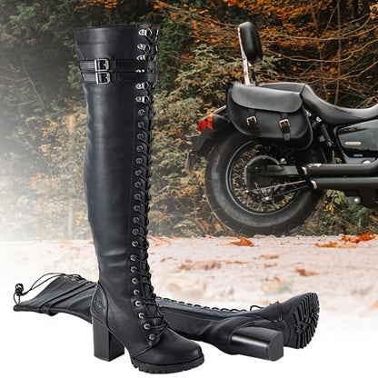 Women's Over-the-Knee Biker Boots, Faux Leather Thigh High Lace-Up Knee High Boots with Chunky Heel & Buckle