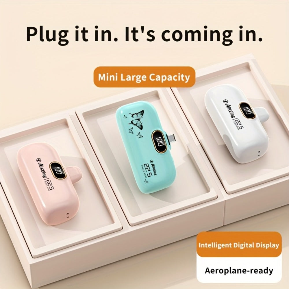 Mini Power Bank 5000mAh with Built-in USB-C Connector Fast Charging, Ultra-Compact Pocket Portable Charger for iPhone Android Samsung