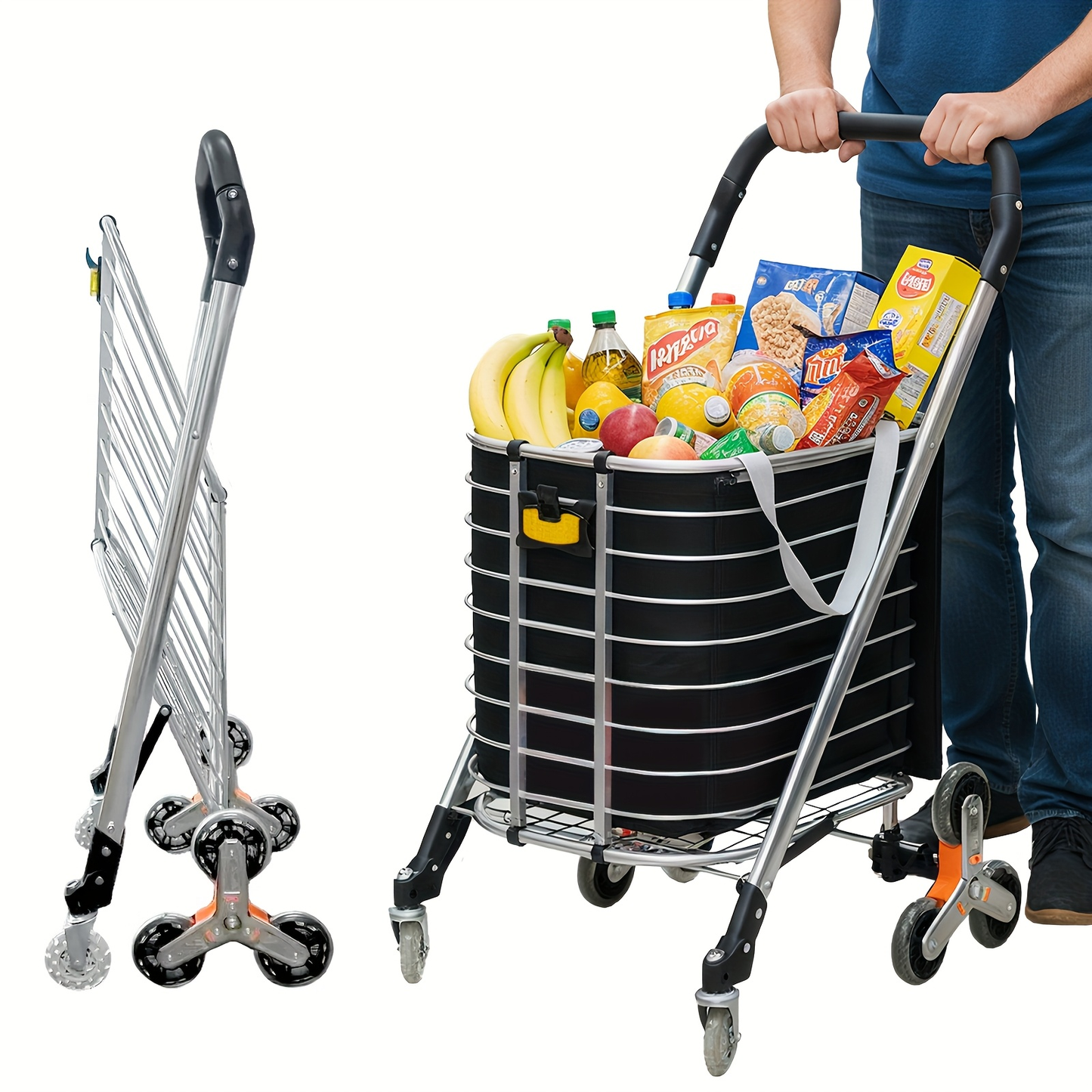 Stair Climbing Cart Collapsible Shopping Trolley with Swivel Wheels & Night Light, for Garden, Patio and Yard Use