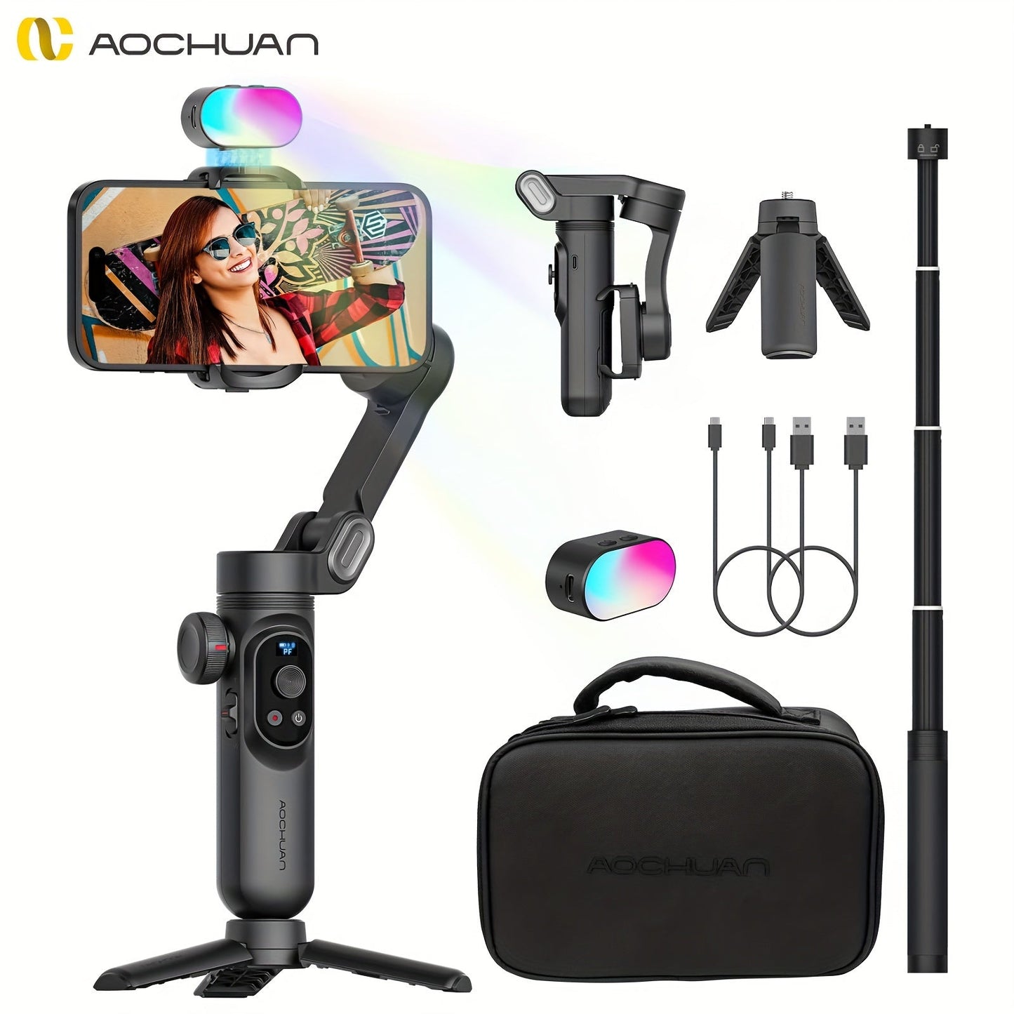 AOCHUAN Smart X Pro Combo 3-Axis Smartphone Gimbal Stabilizer, RGB Fill Light, Extension Rod