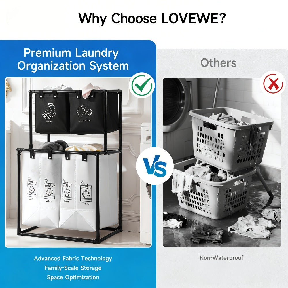 Laundry Sorter 2 Compartment Hamper – 2-Tier Metal Frame Laundry Hamper with Handles, Breathable Mesh Bags & Cable Ties