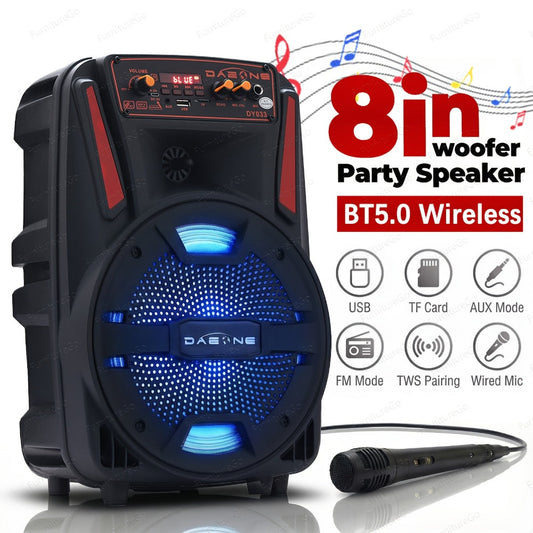 8-Inch Bluetooth Party Speaker with LED Lights & Wired Microphone, TWS Stereo Bass Boost, FM Radio