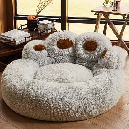 Bear Paw Plush Dog Bed with Filled Cushion Design in Pink, Grey or Coffee and Four Length Options
