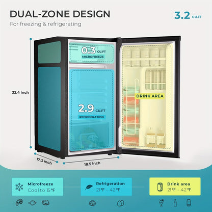 Mini Fridge with Freezer 1.7/3.5 Cu.Ft - Compact Refrigerator with Adjustable Thermostat, Energy Saving