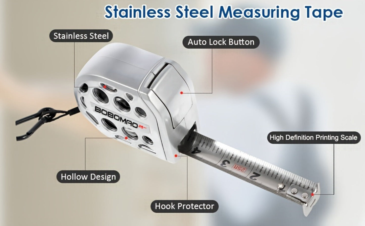 Tape Measure 25ft Auto Lock Stainless Steel Magnetic Bottom Hollow Design Anti-Fall Wear Resistant Waterproof Clear Scale Titanium Measuring