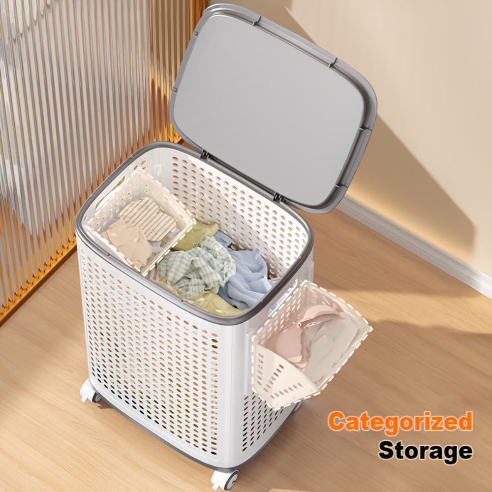Rolling Laundry Basket with Lid and Wheels, Large Foldable Ventilated Storage Bin with Lockable Casters