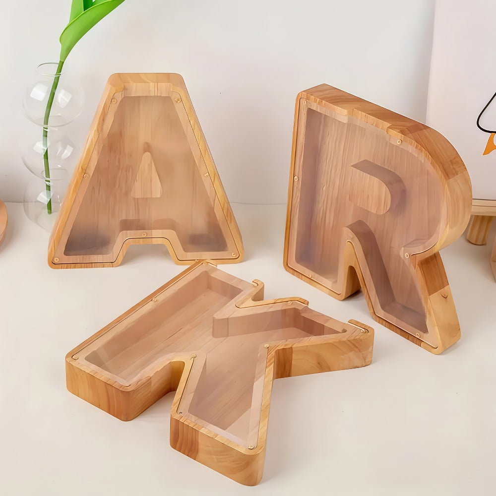 Alphabet Letter Piggy Bank A-Z Wooden Coin Bank Large Capacity Transparent – Personalized Savings Box for Kids | Back to School