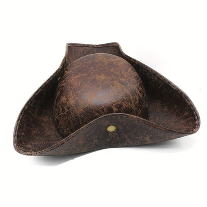 Pirate Tricorn Hat Faux Leather Wide Brim – Vintage Distressed Pirate Hat for Men Women, Halloween Costume, Cosplay