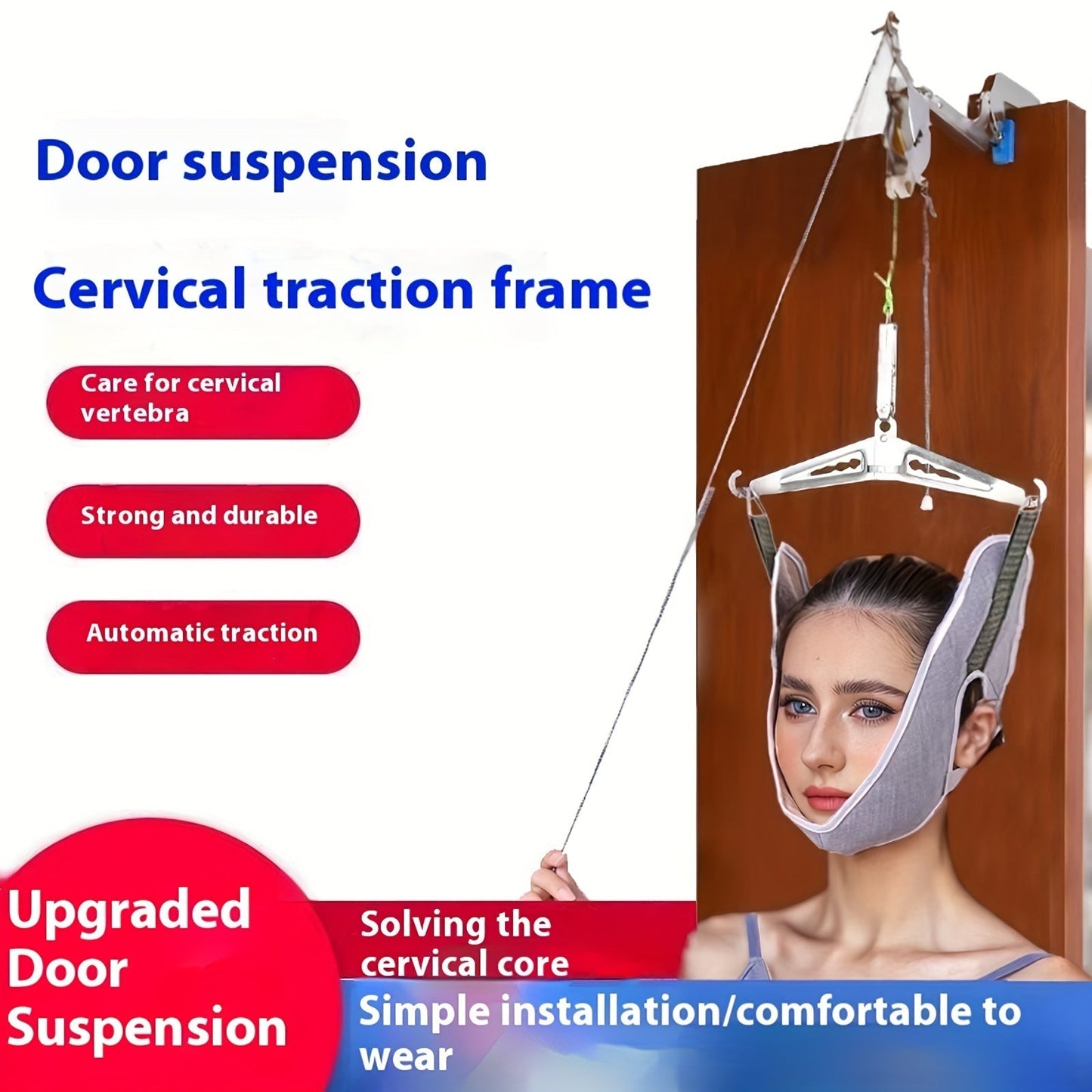 Cervical Traction Device with Handle, Adjustable Neck Traction Belt & Shoulder Massager, Spinal Decompression Pillow for Tension