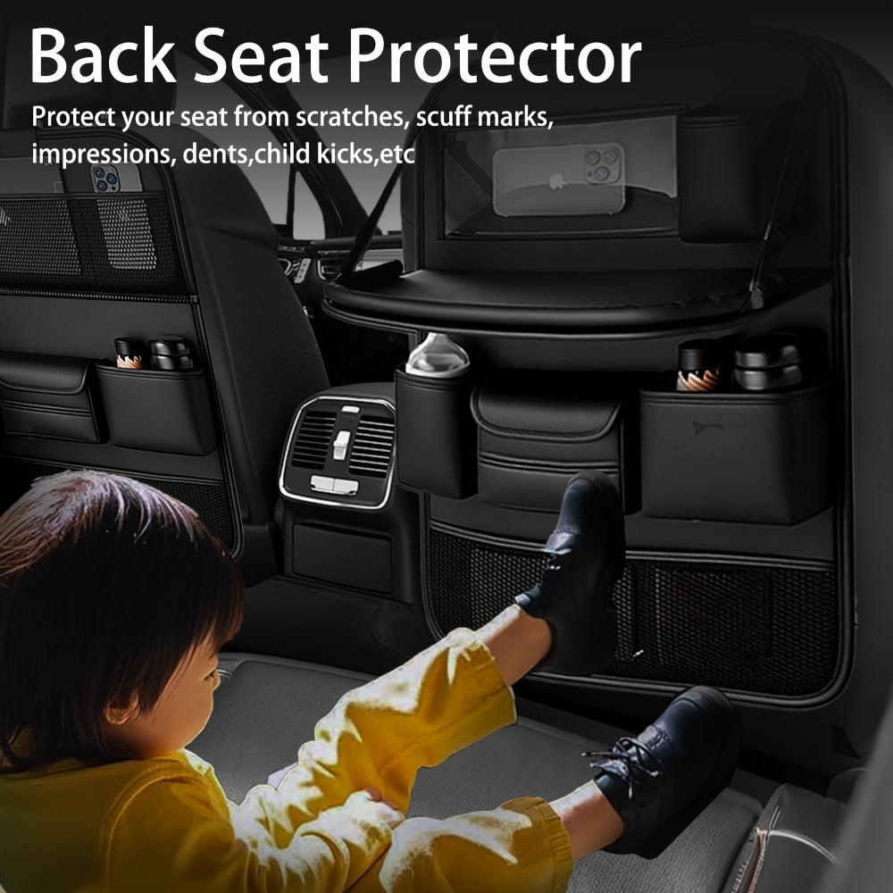 Car Backseat Organizer with Foldable Table Tray & Tablet Holder – PU Leather Seat Back Protector Kick Mat