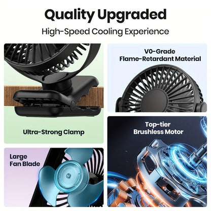 Clip on Fan USB Desk Fan, Brushless Motor Whisper Quiet Portable Mini Fan with Strong Clamp
