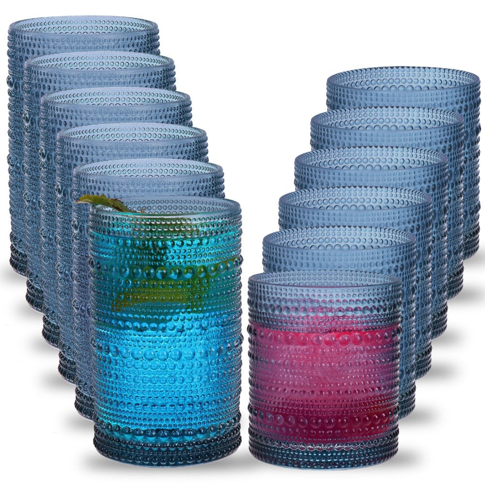 Hobnail Drinking Glasses Set 12pcs, 12oz Highball & 10oz Cocktail Vintage Embossed Boho Glassware for Beer