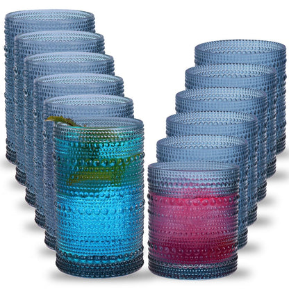 Hobnail Drinking Glasses Set 12pcs, 12oz Highball & 10oz Cocktail Vintage Embossed Boho Glassware for Beer