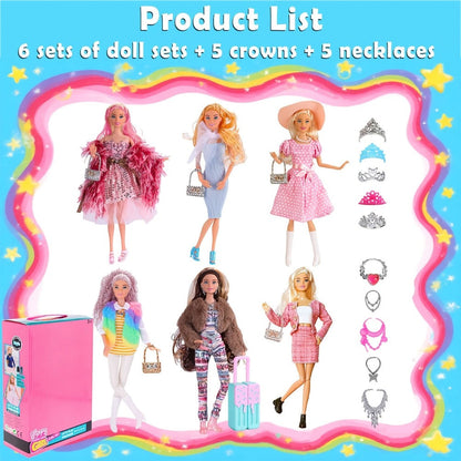 Six-Piece 11.5-Inch Fashion Doll Set with Mixed Outfits, Handbags, Hats, Necklaces and Suitcase Accessories