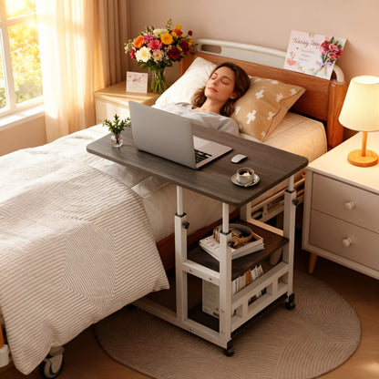 Rolling Overbed Table with Brake Wheels, Adjustable Height Bedside Nursing Dining Table for Elderly & Patients