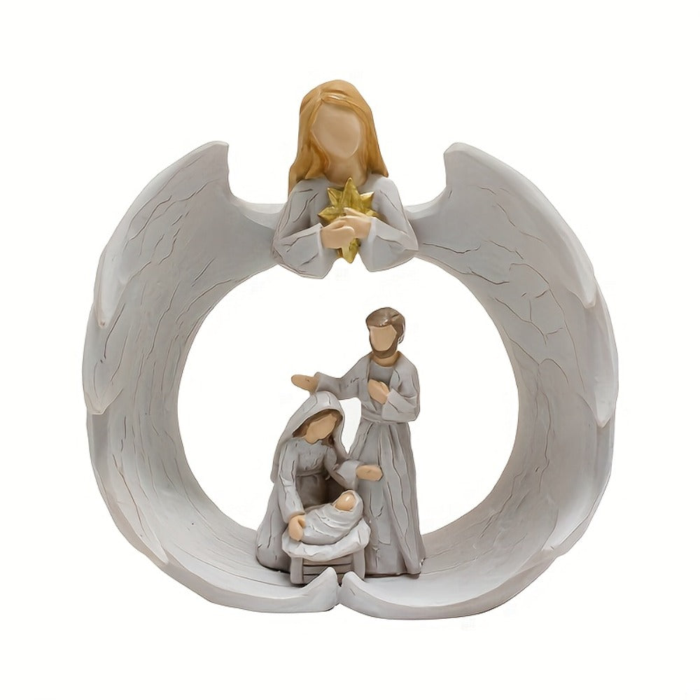 Nativity Scene Statue - Holy Family & Angel White Resin Figurine, Beautifully Crafted Religious Decor for Christmas