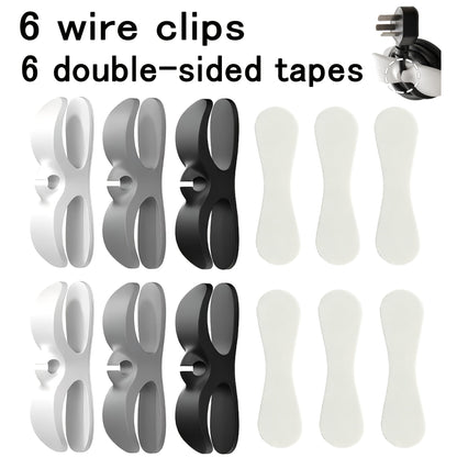 Double-Channel Cable Organizer Clips with Six Black, White and Gray Holders and Six Adhesive Pads