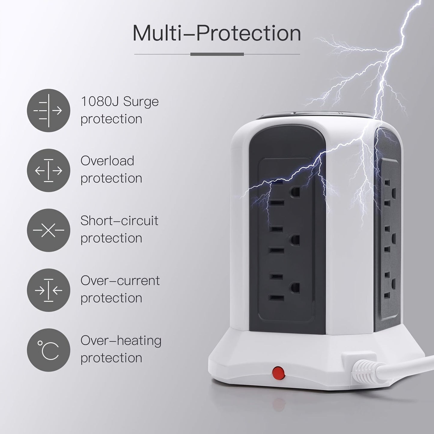 Surge- Power Tower 13-in-1 with Wireless Charger, 9 AC Outlets & 4 USB Ports (2 USB-C PD18W), 1080J Surge Protector