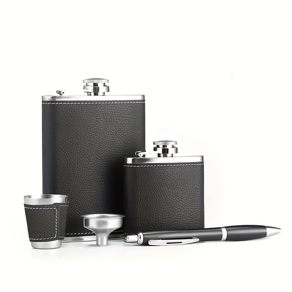 Stainless Steel Whiskey Flask Gift Set with Cup Filter & PU Leather Cover – 8.1oz + 3oz Dual Bottle Bar Gift for Men