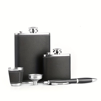 Stainless Steel Whiskey Flask Gift Set with Cup Filter & PU Leather Cover – 8.1oz + 3oz Dual Bottle Bar Gift for Men