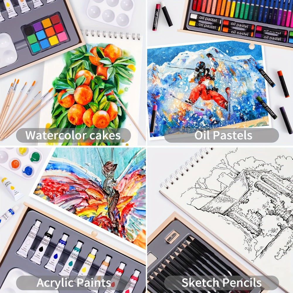 85-Piece Mixed-Media Art Set with Wooden Tabletop Easel, Paints, Pencils, Brushes and Paper Pads