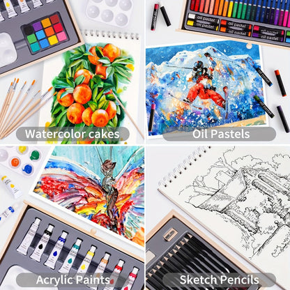 85-Piece Mixed-Media Art Set with Wooden Tabletop Easel, Paints, Pencils, Brushes and Paper Pads
