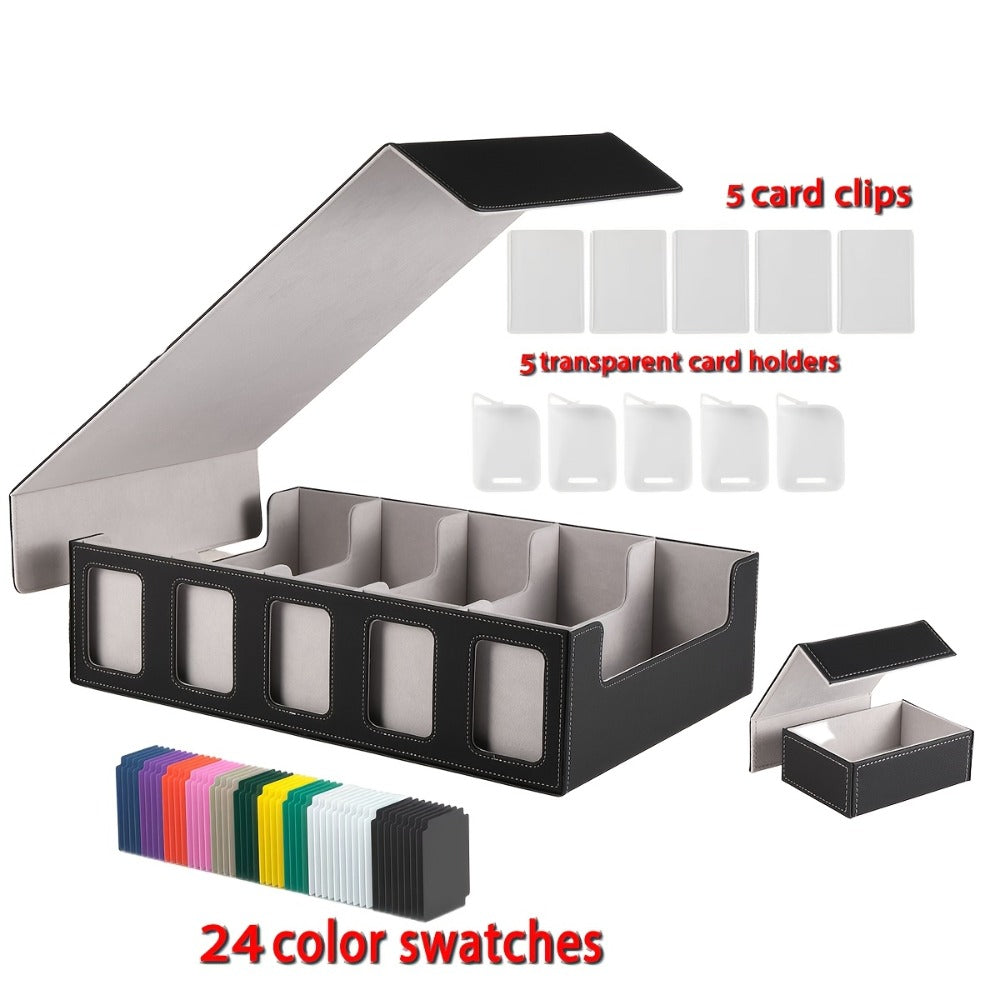 Trading Card Storage Box 5-Row with 24 Colored Dividers, 5 Card Sleeves & 5 Grid Boards – Card Organizer for Pokemon MTG Yu-Gi-Oh Sports