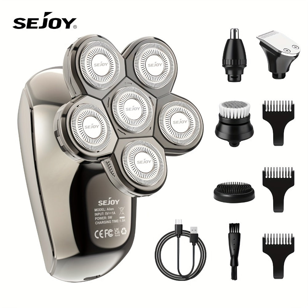 Electric Head Shaver for Bald Men 7D 7 Floating Heads – All-in-One Grooming Kit with Nose Hair Trimmer & Facial Cleaning Brush