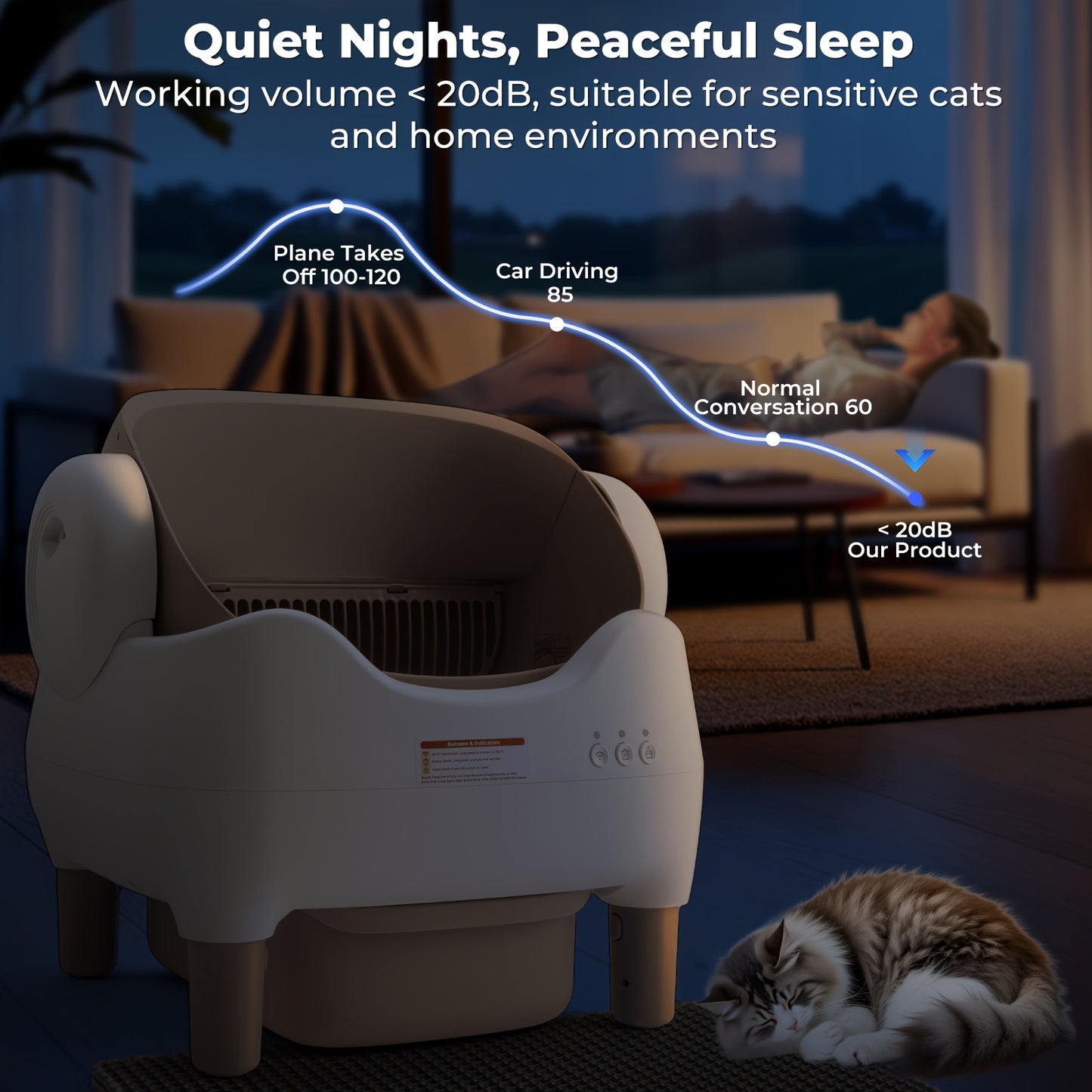 Smart Self-Cleaning Cat Litter Box – App Control, Open-Top Design, 10L Waste Bin, Ultra-Quiet <20dB, Infrared Safety Sensors
