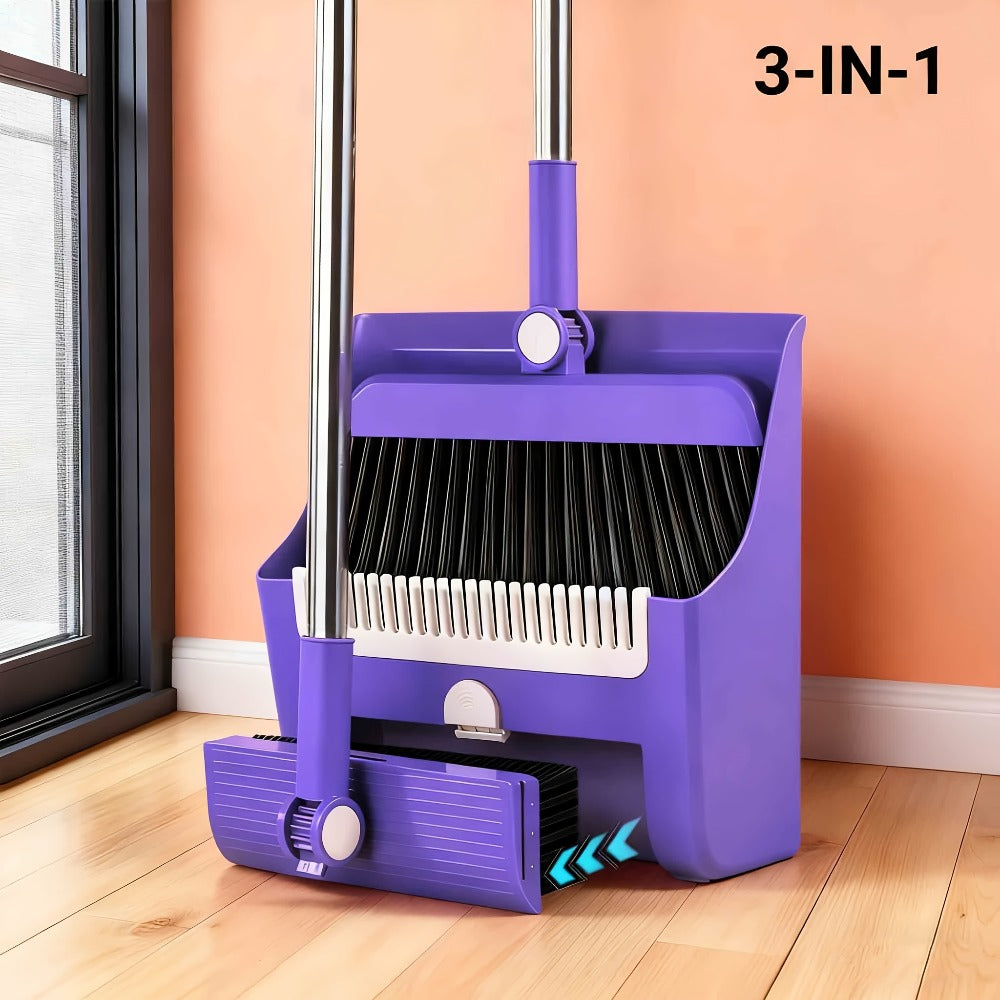 Broom and Dustpan Set with Long Handle - 2-in-1 3-in-1 4-in-1 Foldable Broom Dustpan Combo with Floor Brush for Home Office Dorm Room