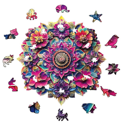 Floral Mandala Wooden Jigsaw Puzzle with Irregular Pieces and S, M and L Options from 5.31 to 11.02 Inches