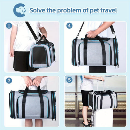Airline Approved Expandable Pet Carrier Bag | Soft-Sided Polyester Travel Tote for Small Dogs & Cats, Removable Fleece Pad