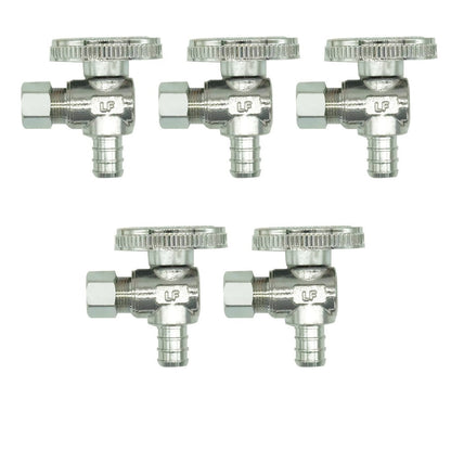 PEX Angle Stop Valve 5pcs – 1/2" PEX x 3/8" OD Compression, 1/4 Turn Shut-Off Valve, Chrome Brass