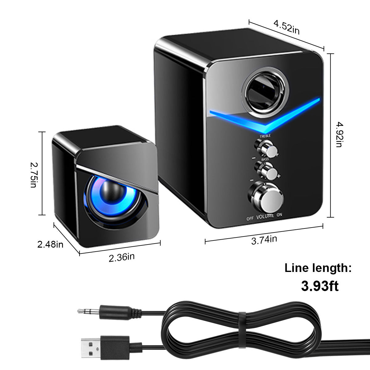 USB Powered Computer Speakers with Subwoofer, 3.5mm Aux Wired Desktop PC Laptop Speaker System, Dual 2" Tweeter + 3" Subwoofer