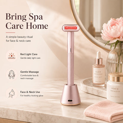 Pink Rechargeable Facial Massage Wand with Red LED Bar, Textured Grip and Charging Base for Face and Neck Use