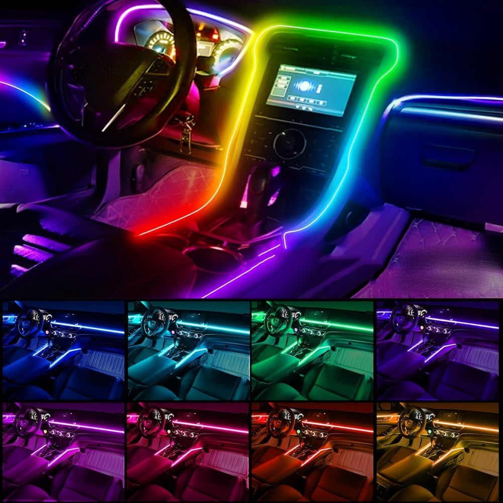 Car Interior Ambient Lighting Kit with Four Checkout Configurations, App-Button Control and Fiber-Style Strips