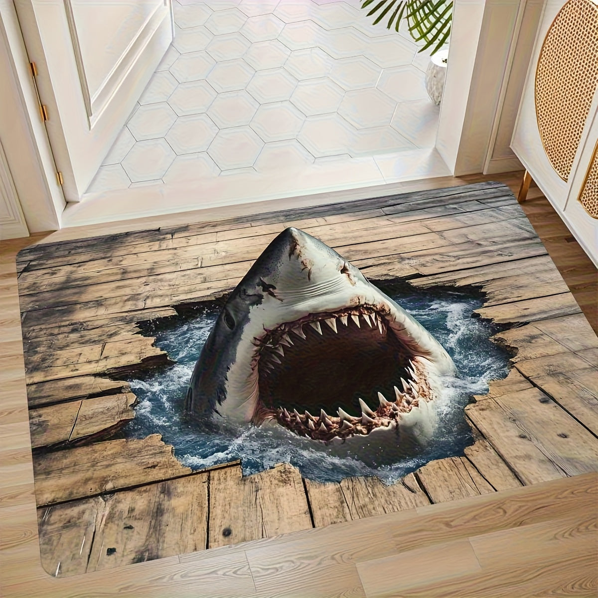 Shark Ocean Print Door Mat with Weathered Wood-Look Background in 40 x 60cm or 50 x 80cm Sizes