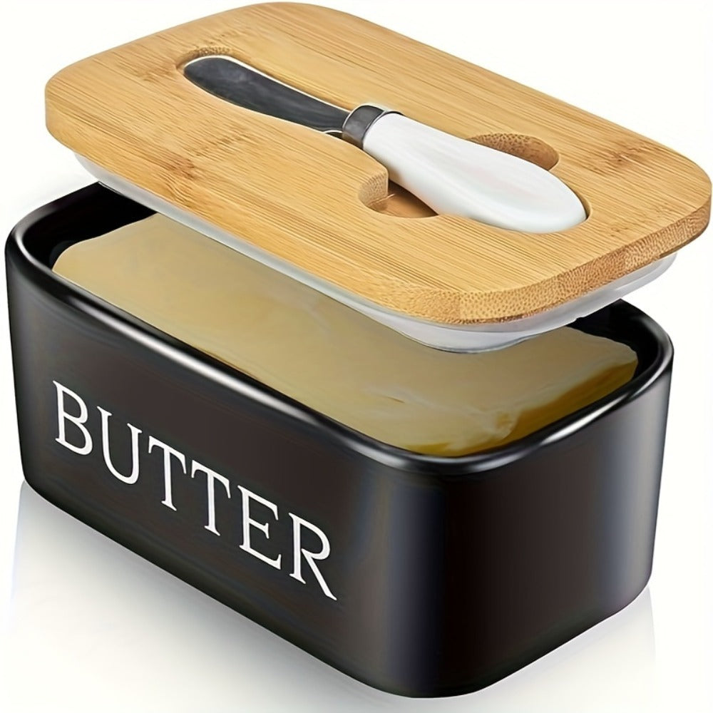 Ceramic Butter Dish with Lid and Knife, Large Countertop Butter Keeper, Airtight Seal, Easy-Clean Design