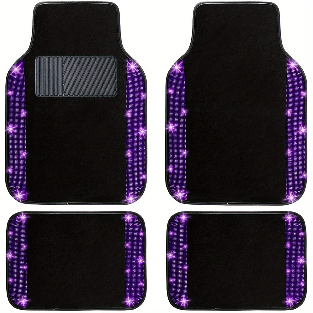 Rhinestone-Border Car Floor Mats, Four-Piece Black Carpet Set with Seven Accent Color Options